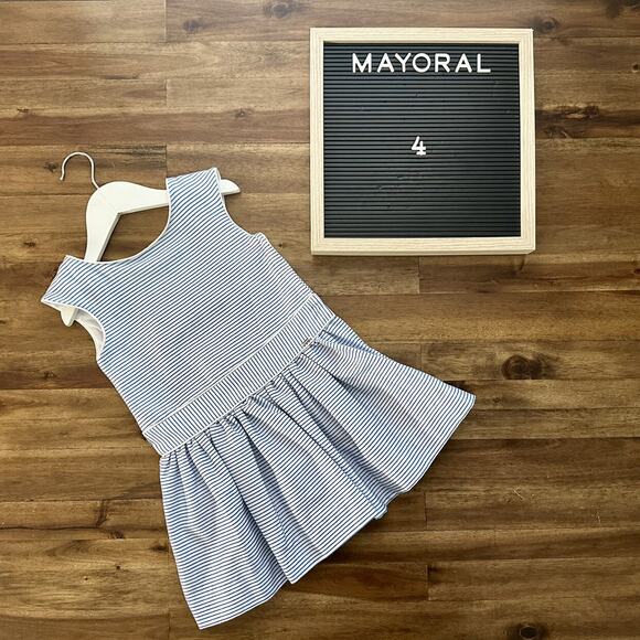 Mayoral Blue White Striped Sleeveless Lurex Bow Dress European Preppy 4 - Picture 1 of 9